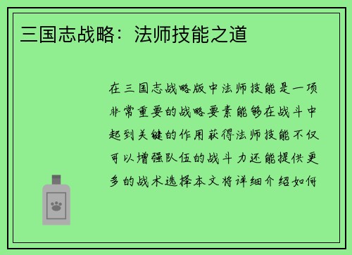 三国志战略：法师技能之道